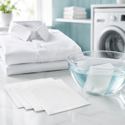 Laundry whitening sheets beside fresh white linens