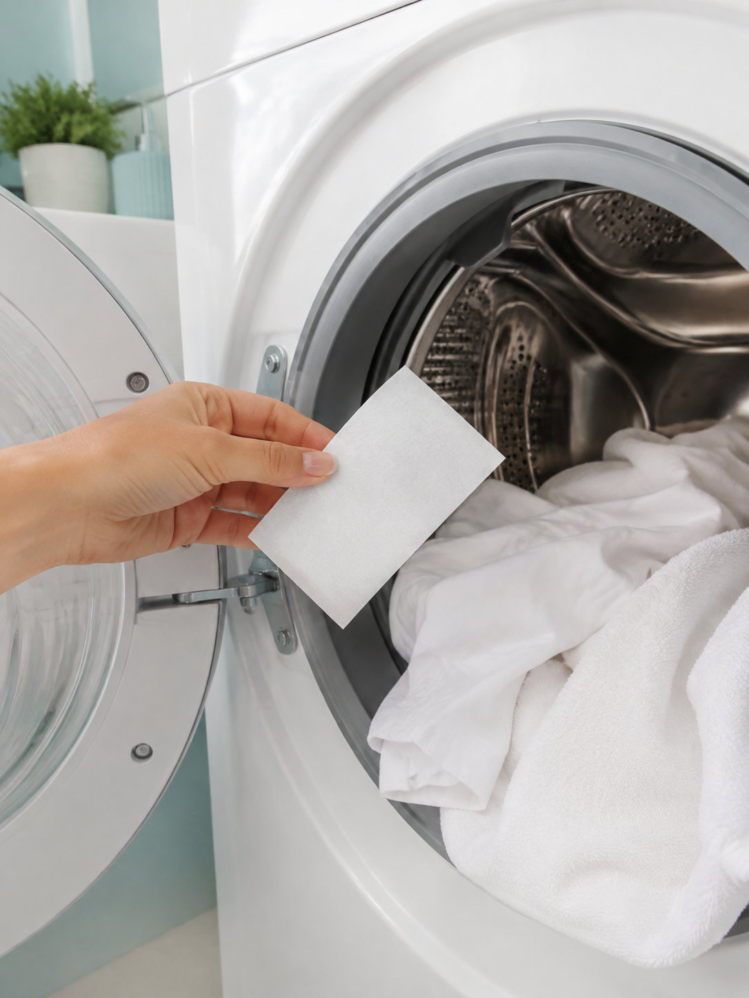 Placing a laundry whitening sheet into a washing machine